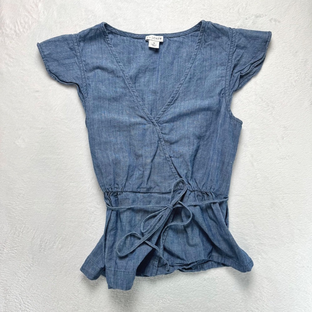 J.Crew Womens Blue Chambray Cotton Linen Flutter Sleeve Wrap Peplum Top Size 0